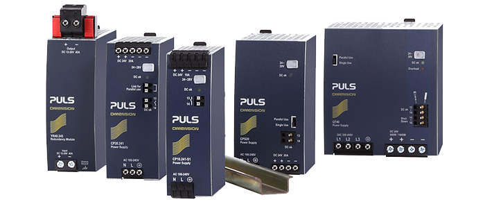 A Selection of Power Supplies in the PULS Dimension range, with a piece of DIN Rail