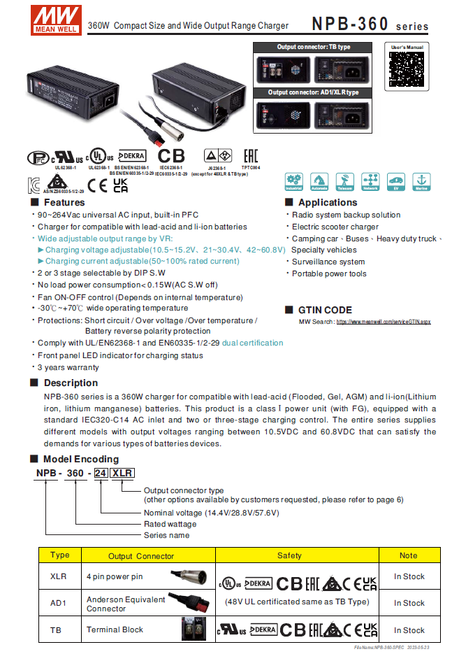 NPB-360-48TB 48Vdc 6A Battery Charger