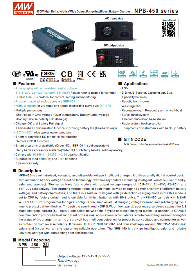 Meanwell NPB-450-24 24Vdc 13.5A Battery Charger