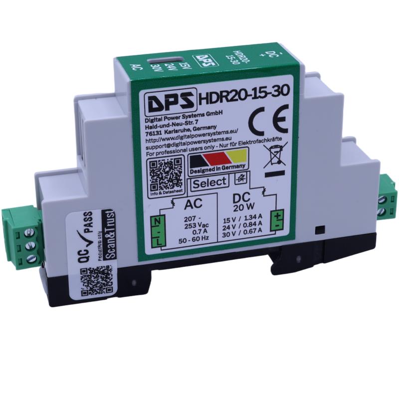 HDR20-15-30 230Vac 20W Switch Selectable DC Output 15V-24V-30V